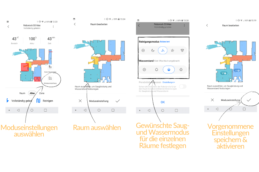 Wasserabgabemenge beim Roborock S6 MaxV wird über die App eingestellt.